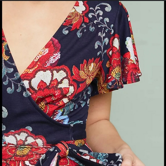 Evelyn Dress for Anthropologie Dark Blue Floral Wrap Style Size XS - Picture 4 of 11